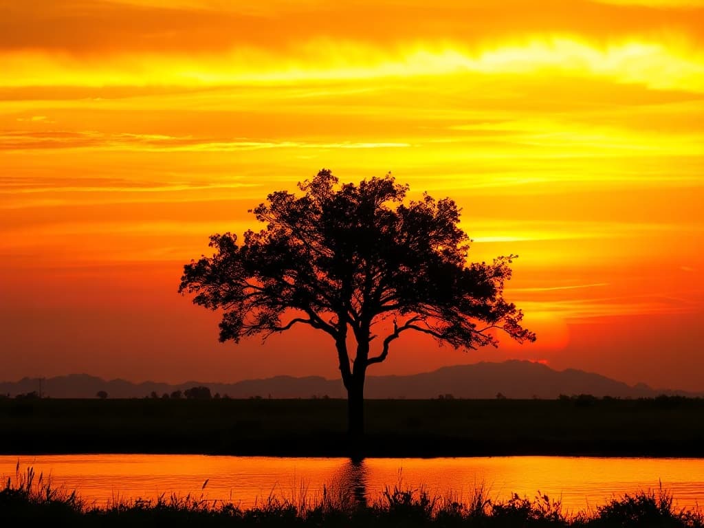 A lone silhouetted tree standing against a golden-hour sunset, blazing tangerine and gold clouds reflected in a still lake.