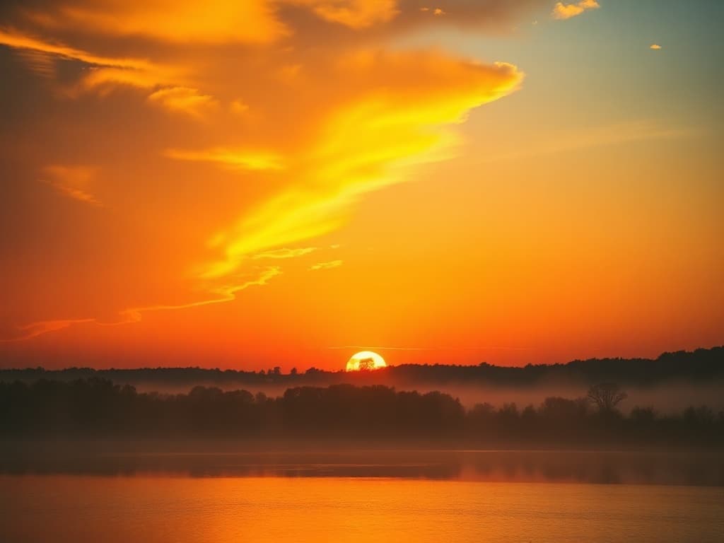 Sunset over a still lake — wide gradient sky in tangerine, amber and soft rose, mirrored in the water beneath silhouetted treeline.