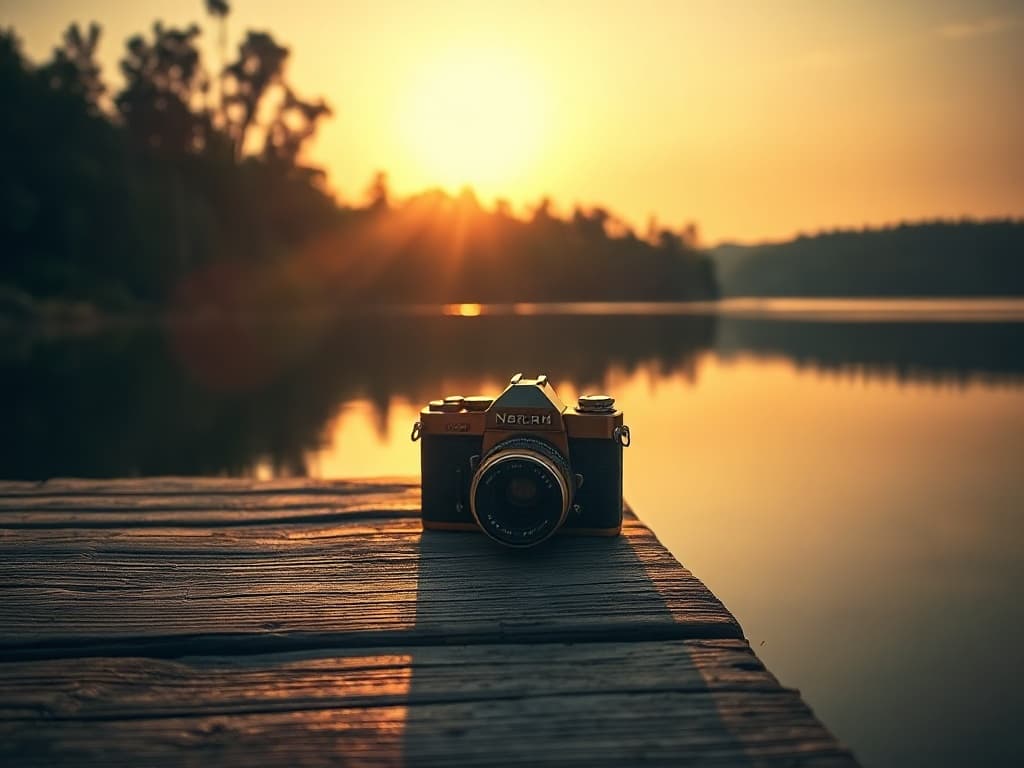 A vintage brass camera resting on a wooden dock at golden hour, the still lake and silhouetted treeline behind it.